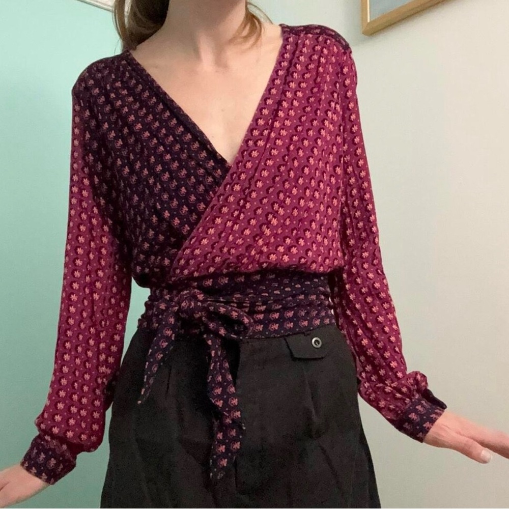 Anthropologie Purple and Navy Patterned Wrap Blouse